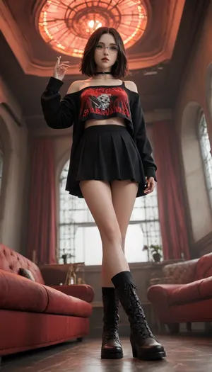 ultra high quality, semi-realistic art style, cinematic realism, hyper detailed, adult woman, full body, low angle view, long legs, elongated leg proportions, elegant silhouette, seated pose, relaxed posture, crossed legs, goth egirl aesthetic, dark fashion, pale skin, black choppy hair, blue eyes, dark smoky makeup, dark lipstick, round wire glasses, medusa lip piercing, detailed neck tattoo, black choker, oversized black graphic sweatshirt, mini skirt, ribbed thigh high socks, chunky combat boots, Groggy gaze, sharp eye contact, limp body language, submissive allure, slow confused smirk, controlled menace, private VIP room, gothic lounge interior, ornate gothic sofa, tufted black velvet sofa, candlelit side tables, dark draped curtains, stained glass accents, wrought iron decor, occult nightclub aesthetic, Spilled drink, crystal glass, blood red cocktail, condensation on glass, lounging pose, shady underground nightclub, neon lighting, dominant violet and blood red color theme, violet neon rim lighting, blood red backlighting, purple and crimson glow, foggy air, cigarette smoke, laser lights, reflective black floor, grungy walls, industrial ceiling, exposed pipes, shadowy silhouettes beyond the VIP glass, glowing bar in the distance, bottles backlit with red neon, moody backlighting, cinematic contrast, urban noir atmosphere, cyberpunk club vibe, late night setting, seductive ambient lighting, studio quality lighting, dramatic moody atmosphere, realistic skin texture, subtle subsurface light through skin, realistic fabric detail, ultra sharp focus, volumetric lighting, depth of field, soft light bloom, ray traced style reflections, neon specular highlights, sleeping, oral, anal, vaginal, penetration, tit job