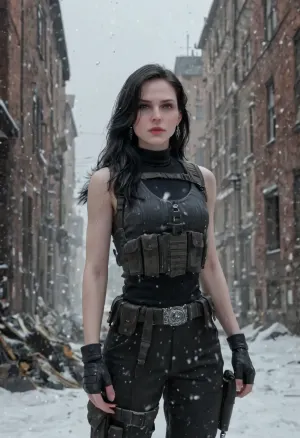 Female version of Bane from The Dark Knight Rises, (Yennefer), college woman, ((young woman:1.7), (youthful face:1.3), (petite:1.3), short, slim, slender), (tiny breasts), . Wearing the iconic black breathing mask with silver accents redesigned to fit her face, tactical military vest, sleeveless, armored pants, and fingerless gloves. Dark hair tied back tightly or shaved at the sides for a hardened look. Standing in a ruined Gotham street with fire and debris around her, snow falling, exuding dominance and menace. Ultra-realistic cinematic art, highly detailed, dramatic gritty lighting, atmosphere of strength, danger, and control.