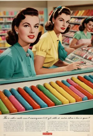 1950's shopping catalog full-page color ad, newsprint, ad copy with Cursive headlines, featuring a photo of row of colorful dildos on display at a department store counter, prim 1950's housewives compare products, .