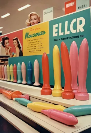 1950's shopping catalog full-page color ad, newsprint, ad copy with Cursive headlines, featuring a photo of row of colorful dildos on display at a department store counter, prim 1950's housewives compare products, .