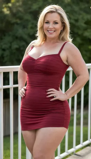 Jamie Smiles, bbw mature milf, blonde, 58 years old, soft hourglass figure, ruby red bodycon mini dress, vertical stripes, waist emphasized, hips highlighted, leaning against railing, flirtatious smile, golden hour sunlight, neighborhood summer gathering, blurred background, candid photograph, 85mm lens, f/1.8 depth of field, raw photo, bottomheavy, big, ass, huge, gigantic, thick, thighs, massive, <lora:bottomheavy_v1_sdxl_LoRA:.8>