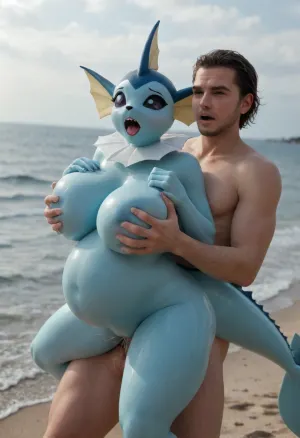((vaporeon from pokemon, skinny body, tiny anthro)), 5 fingers, anthro, anthrofied, beach, Big thighs, wide hips, gigantic spherical breasts, (), claws, female, finger claws, fingers, ((orgasm face, Open mouth, carry sex, male love, faceless male, massive stomach bulge, male holding breasts)), looking at viewer, <lora:add-detail-xl:1.5>