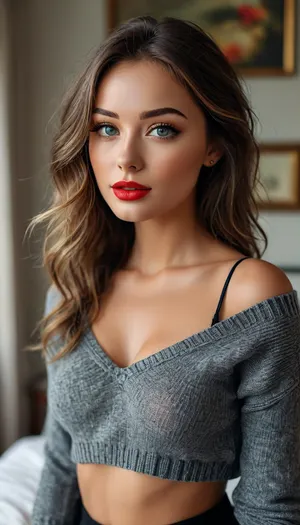 RAW image, Canon EOS R3, DSLR photo, 8k, best quality, (realistic, photo-realistic:1), RAW photo, (intricate details), masterpiece, slender, beautiful girl, proportional, perfect figure, delicate superstar face, gray eyes, large eyes, triangular face, large mouth, full lips, bright evening makeup, scarlet lips
long brown hair, perfect hair.
eye contact, daring, sexy gaze
slender neck, narrow shoulders, beautiful medium breasts, narrow waist, narrow hips, long, slender legs, yigh gap, wearing a short, black, chunky knit sweater, no panties, black tights, black sneakers
posing standing in a bedroom, daylight, ((Full Shot)), <lora:MJ52:1.1>, <lora:attractive_notrigger:1>, <lora:Evie_Face:.8>