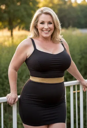 Jamie Smiles, bbw mature milf, blonde, 58 years old, soft hourglass figure, black bbodycon mini dress, vertical stripes, waist emphasized, hips highlighted, leaning against railing, flirtatious smile, golden hour sunlight, neighborhood summer gathering, blurred background, candid photograph, 85mm lens, f/1.8 depth of field, raw photo, huge, breasts, big, narrow, waist, <lora:BodyLicious:.8>