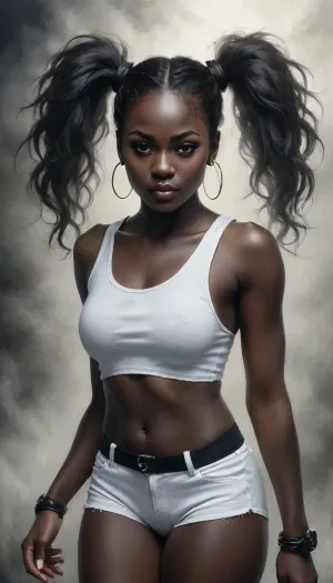 beautiful african young skinny pornstar, innocent, virgin, smile, long hair, high pigtails, bangs, (black skin:1.87), black skin, the girl is black and asian, (Black woman:1.7), (part asian:1.2), thigh gap, little white shorts, thin waist, narrow shoulders, big boobs, long skinny legs, insra mode selfie, showing her ass, melanin, (ziprealism:1.3), ultra-sharp details, realistic skin texture, refined contrast, 8k detail, authentic facial expression, clean composition, (maximum photo quality:1.4), (maximum resolution:1.5), Black, and, white, art, black, pencil, shading, charcoal, drawing, toned, paper, brutal, dark, b/w, color, scheme, cloudy, smoke, atmospheric, clouds, fog, <lora:Black and white art.V1:1.8>, <lora:Cloudy_Style:1>