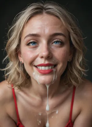 A short fit happy beautiful 30 year old woman with light blonde messy hair, blue eyes, wrinkles around her eyes and mouth, (stringy hair), (wide slutty smile), (round face), thin eyebrows, droopy eyes, (cum dripping down her face:1.4), (dimples), (excessive cum:1.4), small perky breasts, dark red lipstick, wearing red lace lingerie, (milf), giving a man a deepthroat blowjob, (close up on her face), (cum on her glasses), (cum in her hair), (man’s pov)