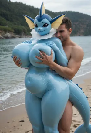 ((living inflatable, vaporeon from pokemon, skinny body, tiny waist)), 5 fingers, anthro, anthrofied, beach, Big thighs, wide hips, gigantic spherical breasts, (), claws, female, finger claws, fingers, ((smirk, carry sex, male love, faceless male, Big stomach bulge, male holding breasts)), looking at viewer, <lora:add-detail-xl:1.5>