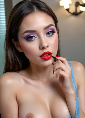 The image shows a yo girl Japanese wearing a sleeveless gray dress with decorative details on the shoulders., (bright lighting:1.2), beautiful detailed eyes, extremely detailed face, perfect lighting, best quality, steel pipe indide pussy, solo, ((anus)), She has long, wavy brown hair and is smiling while applying red lipstick. She holds a red lipstick in one hand and a compact mirror in the other, which is partially open. Red sunglasses rest on top of her head, and she has pinky-red nail polish, matching her lipstick. The background is plain and light-colored, emphasizing her as the focal point., CUM, DONATION, ASSISTANCE, FELLATIO, TITS, SEX, HANDJOB, FOOTJOB, AFTER, VAGINAL, Jungle, w4t3rf4ll, ((makeup:1.5), long blue eyelashes with eyeliner:1.2), (big lips:1.3), (purple pussy:1.1), <lora:CUM DONATION ASSISTANCE:1.4>, <lora:Jungle_w4t3rf4ll:.8>