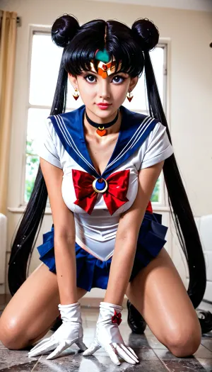 18 years latina girl in livingroom, Cosplay Sailor moon., moon_a_xl, double, bun, twintails, long, twin, tails, black hair, parted, bangs, circlet, jewelry, earrings, choker, sailor, senshi, uniform, red, bow, white, gloves, elbow, blue, mini skirt, wxpippper, She is trying to seduce daddy., shirtspread, skirtlift, <lora:セーラームーン Sailor Moon  (Pretty Soldier Sailor Moon)_XL:.8>, <lora:piperXL:.8>, <lora:shirtspreadv10_SDXL:.8>, <lora:skirtlift_xl:.8>, on_her_knees