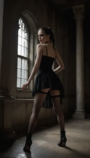 "A melancholic, gothic fantasy scene featuring a 30-year-old pale-skinned goth woman with a strikingly slender, flat-chested figure and perky nipples, dancing with sensual abandon in an abandoned, ruined space. Her wide hips sway suggestively to the hypnotic pulse of darkwave music, her movements dripping with melancholic sexuality. She wears towering 18cm black high-heeled sandals that elongate her legs—her most arresting feature—enhanced by fishnet stockings or intricate garter straps. Her alternative goth hairstyle, (think sharp undercuts, raven-black waves, or asymmetrical braids), frames her angular face, her expression lost in a trance of dark ecstasy. The setting is a decaying, once-opulent ballroom or forgotten cathedral—crumbling pillars, shattered stained glass, and broken chandeliers casting eerie, flickering light. Dust motes swirl in dim beams of moonlight, amplifying the dramatic, mysterious atmosphere. Shadows stretch and warp around her as she moves, her pale body almost glowing against the desaturation of the ruins. The mood is cinematic, a chiaroscuro of deep blacks and ghostly whites, with hints of blood-red or cobalt blue to punctuate the gothic aesthetic. **Artistic Influences, **, Photography, Erwin Olaf’s dark theatricality, Eugenio Recuenco’s narrative surrealism, Painting, Zdzisław Beksiński’s haunting textures, Victorian-era mourning portraits, Lighting, High contrast, Rembrandt-esque shadows with a modern edge **Technical Specs, **, Ultra-detailed, 8K resolution, Macro emphasis on the textures, her fishnets, the cracked marble floor, the glint of her heels" *artful* eroticism, emphasizing mood, mystery, and the sublime tragedy of her dance.
