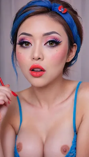 The image it stands with its legs apart so that the pussy can be seen in orgasm shows a yo girl, (Japanese:1.7), She is wearing a sleeveless grey dress with decorative nipple cutouts., (bright lighting:1.2), beautiful detailed eyes, extremely detailed face, perfect lighting, best quality, steel pipe indide pussy, solo, ((anus)), She has long, wavy brown hair and is smiling while applying red lipstick. She holds a red lipstick in one hand and a compact mirror in the other, which is partially open. Red sunglasses rest on top of her head, and she has pinky-red nail polish, matching her lipstick. The background is plain and light-colored, emphasizing her as the focal point., ((makeup:1.5), long blue eyelashes with eyeliner:1.2), (big lips:1.3), (purple pussy:1.1), ruined, makeup, green, eyes, blue, brown, perfecteyes, heart_areola, <lora:ruined1:1.6>, <lora:PerfectEyesXL:1.2>, <lora:Heart_Areola_Nipple_SDXL:2>