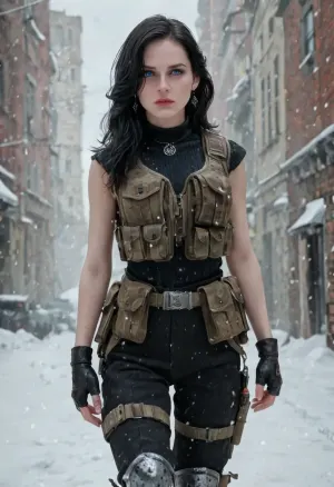 Female version of Bane from The Dark Knight Rises, (Yennefer), college woman, ((young woman:1.7), (youthful face:1.3), (petite:1.3), short, slim, slender), (tiny breasts), . Wearing the iconic black breathing mask with silver accents redesigned to fit her face, tactical military vest, sleeveless, armored pants, and fingerless gloves. Dark hair tied back tightly or shaved at the sides for a hardened look. Standing in a ruined Gotham street with fire and debris around her, snow falling, exuding dominance and menace. Ultra-realistic cinematic art, highly detailed, dramatic gritty lighting, atmosphere of strength, danger, and control.