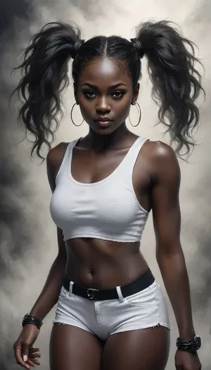 beautiful african young skinny pornstar, innocent, virgin, smile, long hair, high pigtails, bangs, (black skin:1.87), black skin, the girl is black and asian, (Black woman:1.7), (part asian:1.2), thigh gap, little white shorts, thin waist, narrow shoulders, big boobs, long skinny legs, insra mode selfie, showing her ass, melanin, (ziprealism:1.3), ultra-sharp details, realistic skin texture, refined contrast, 8k detail, authentic facial expression, clean composition, (maximum photo quality:1.4), (maximum resolution:1.5), Black, and, white, art, black, pencil, shading, charcoal, drawing, toned, paper, brutal, dark, b/w, color, scheme, cloudy, smoke, atmospheric, clouds, fog, <lora:Black and white art.V1:1.8>, <lora:Cloudy_Style:1>