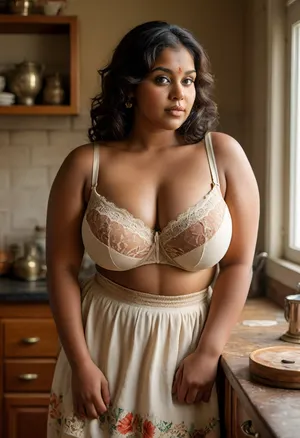 full body shot, 50mm lens, slight high angle, natural perspective, big hips, cleavage, huge boobs, pantyhose, thick body, ((bbw:1.4)), downblouse view, realistic Indian woman in her late 30s with deep brown skin, South Indian facial features, fuller lips, expressive almond eyes, bindhi, natural thick body, soft rounded belly, wide hips, heavy breasts, beautiful floral patterned lace trim bra, slightly visible nipple contour through bra, pleated linen skirt with structured waistband, warm earthy tones, realistic fabric texture, fine stitching, heavy brass jewelry, natural lighting, lifelike skin texture, 1970s kitchen, leaning slightly forward at the counter, deep marigold, brick red, emerald, sandalwood beige, warm coffee brown, photo realism, high detail, clean anatomy, <lora:clothed_small:.8>, <lora:Chubby BBW - XL:1.4>, <lora:MJ52:.8>, <lora:RealDownblouseXL2:.6>