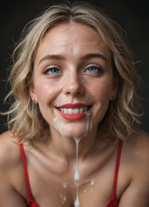 A short fit happy beautiful 30 year old woman with light blonde messy hair, blue eyes, wrinkles around her eyes and mouth, (stringy hair), (wide slutty smile), (round face), thin eyebrows, droopy eyes, (cum dripping down her face:1.4), (dimples), (excessive cum:1.4), small perky breasts, dark red lipstick, wearing red lace lingerie, (milf), giving a man a deepthroat blowjob, (close up on her face), (cum on her glasses), (cum in her hair), (man’s pov)