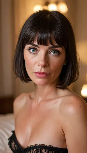 ziprealism, (intimate snapshot esthetic), (sensual mature 58 year old woman, sexy lingerie, off the shoulder, teasing cleavage, intimate seduction:1.4), (mischievous smirk, seductive expression, sensual pose), (f/2.8, shallow depth of field, Dutch Angles:1.2), (focus on eyes, perfect eyes:1.2), (subtle bokeh:.4), (vibrant black hair with warm highlights, short French Bob cut hair, cute blunt bangs and fringe, voluminous hair:1.6), (large teardrop breasts), (large expressive eyes, captivating amber eyes, perfect eyes, defined jawline, full lips, long face, square jaw, pale skin, soft blush), (cozy bedroom, warm romantic lighting), igbaddie, <lora:igbaddie-XL:.4>, <lora:MJ52:.8>