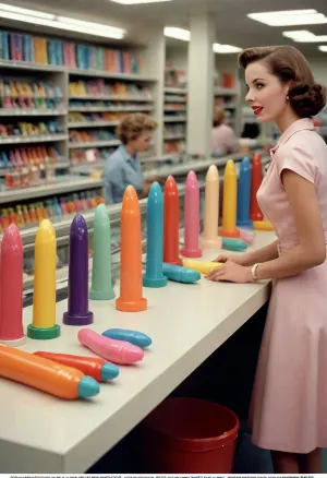 1950's shopping catalog full page color ad, featuring a photo of row of colorful dildos on display at a department store counter, prim 1950's housewives compare products, traditional sales hype of the era marketing.