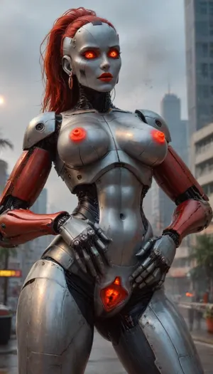 sharp focus, solo, (1robot, (Robot, robot is Terminator, Cyberdyne-101)), (1woman, 1robot), (round tits in the palm robot, girl tits in the hands of robot, robot holds the girl by the breast, groping tits, robot's palms on the girl's chest, spreading pussy, seductive modeling), (showing ass, grabbing ass), fantasy, lovely, futuristic city background, (extra robot arms:1.8), metallic red neon glowing LED nipples, metallic neon red glowing pussy, robot pussy, robot breasts, metallic neon red glowing lips, robot lips, (epic realistic:1.1), (hdr:1.1), intricate details, cinematic, detailed, (portrait), photorealistic, 4k, absurdres, ((perfect anatomy)), FemTerminatorCos, steam, fog, eerie atmosphere, ral-vlntxplzn, <lora:FemTerminatorCos_SDXL:2>, <lora:ral-vlntxplzn-sdxl:.1>, <lora:xl_more_art-full_v1:2>