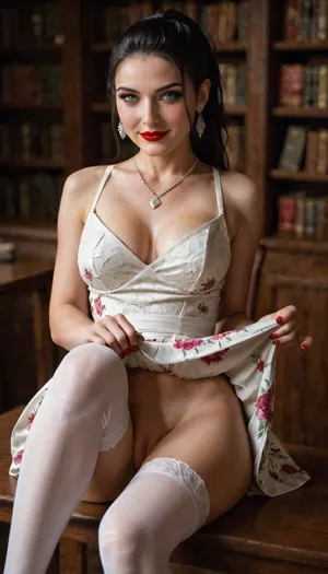 seen slightly from the side, front view, pussy focus, three quarter view, 1girl, slender woman, Slavic woman, very pale skin, between 24 and 29 years old, sitting, knees up, one hand on the floor, in the public library, turning her head, seductive gaze, charming smile, head tilted slightly, (white summer dress with red and pink floral patterns), (white stockings:1.2), lifts her skirt, lifts her dress, (deep black hair:1.5), (crystal green eyes:1.15), ponytail, eyeliner, red lipstick, eyeshadow, false eyelashes, nail polish, silver necklace and earrings, shaved pussy, realistic, masterpiece, 8k, hyper realistic, high quality, taken by professionnal photographer, (soft natural daylight:1.2), (three-quarter frontal lighting:1.2), (bright clean exposure:1.2), smooth falloff into soft shadow on the far cheek, (neutral-warm white balance:1.2), medium contrast, shallow depth of field, skirtlift, supermodel, face, big, lips, <lora:skirtlift_xl:.7>, <lora:DetailedEyes_V3:.2>, <lora:add-detail-xl:.2>, <lora:Beautify-Supermodel-SDXL:1.6>, detailxl