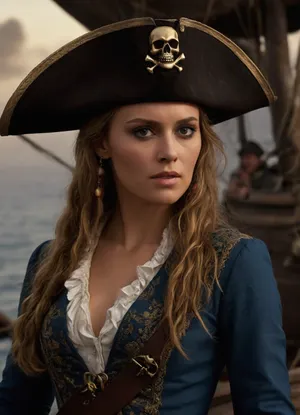 ((Elizabeth swann)), Pirates of the carribean, (skull pirate hat), hyper realistic face, detailed face, female pirate queen, hero view, action pose, extremely beautiful detailed piercing eyes, cinematic scene, scenery, detailed background, masterpiece, best quality, high quality, absurdres, very detailed, high resolution, sharp, sharp image, 8k, vivid, colorful, h41ry, <lora:h41ry:.8>
