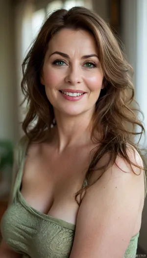 Obese, chubby, miquella from elden ring, female housewife, busty, 65 y.o., minimalist modern home background, casual comfortable outfit, tall, brunette amber hair, layered haircut hairstyle, thick expressive arched eyebrows, beautiful eyes, captivating bright light green eyes, look at me, sexy full lips, big smile, big, sagging, busty cleavage with a natural mature drop, alluring yet dangerous, close up view, sapphic, look at my eyes, dramatic lighting., <lora:style_lora_realis:.8>