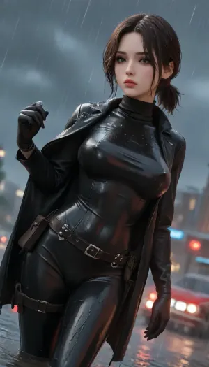 black short ponytail, ((very thin black cotton turtleneck)), black leather longcoat, leather pants, (Dynamic angle:1.5), thick lips, ((black eyeliner)), ((black eyeshadow)), long eyelashes, ((make-up)), big breasts, gloves, holster, erect nipples, cameltoe, sexy posing, ((rain)), ((wet))
