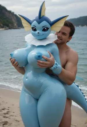 ((living inflatable, vaporeon from pokemon, skinny body, tiny waist)), 5 fingers, anthro, anthrofied, beach, Big thighs, wide hips, gigantic spherical breasts, (), claws, female, finger claws, fingers, ((smirk, carry sex, male love, faceless male, stomach bulge, male holding breasts)), looking at viewer, <lora:add-detail-xl:1.5>
