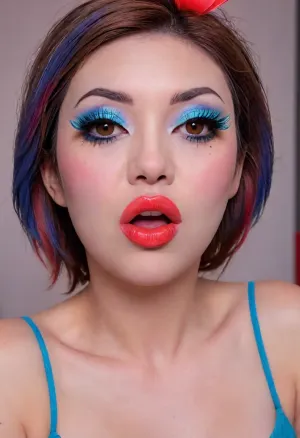 The image shows a yo girl, (Japanese:1.7), She is wearing a sleeveless grey dress with decorative nipple cutouts., (bright lighting:1.2), beautiful detailed eyes, extremely detailed face, perfect lighting, best quality, steel pipe indide pussy, solo, ((anus)), She has long, wavy brown hair and is smiling while applying red lipstick. She holds a red lipstick in one hand and a compact mirror in the other, which is partially open. Red sunglasses rest on top of her head, and she has pinky-red nail polish, matching her lipstick. The background is plain and light-colored, emphasizing her as the focal point., ((makeup:1.5), long blue eyelashes with eyeliner:1.2), (big lips:1.3), (purple pussy:1.1), ruined, makeup, green, eyes, blue, brown, perfecteyes, heart_areola, <lora:ruined1:1.4>, <lora:PerfectEyesXL:.9>, <lora:Heart_Areola_Nipple_SDXL:2>