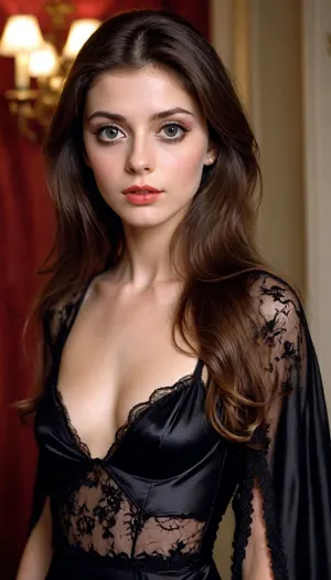 Vintage 1986 photo of beautiful sexy slender young long haired girl Mia Sara, posing wearing a very glamorous glossy deep black liquid silk long nightgown, floral lace, straps, long silk collared cape, glossy dark lipstick, voluminous hair, luscious shiny hair, ((big eyes)), young, good hands, perfect fingers, (big eyes), freckles, young face, innocent, small breasts, artistic, shadow, makeup, highborn, pure, lust, eyes, palette, Shiny..., Bright..., Intense, gaze, fancy dressing room, <lora:makeup_master_base_sdxl_v1:.5>, <lora:Stunning_eyes_2:.3>