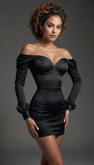 A full-body portrait of a confident 45yo curvy tall woman posing in a studio with a clean light gray background. HAIR, (EXTREME DETAIL), High curly ponytail positioned high on the crown, secured with a dark elastic band. Medium-brown base with warm amber and copper micro-highlights. Curls are tight, uniform ringlets with precise spiral geometry, multidirectional light refraction, gloss-enhanced moisture, high volumetric density, minimal controlled flyaways for realism. Sleek, brushed-up crown section with tension-lifted root structure and smooth gradient sheen.

OUTFIT, She wears a luxurious satin fitted black off-shoulder mini dress with long puffed sleeves, a deep sweetheart neckline, and gentle ruching along the waist and skirt. Her legs are crossed slightly in front of each other in a relaxed, elegant pose. Long wavy hair, center part, natural glam makeup, smooth warm-toned skin, subtle highlights. Wearing black ankle-strap high heels. High-resolution fashion photography, soft diffused lighting, crisp details, smooth fabric texture, realistic skin, clean edges, MAKEUP, • Skin, Even, matte-soft finish with microtexture visibility, subtle subsurface scattering, pore-level realism, smooth contour transitions. • Contour/Blush, Warm bronzer sculpting the cheekbones with deep gradient buildup, peach-bronze blush fused seamlessly into contour, no harsh boundaries, soft feathered diffusion. • Eyes, Multi-layer golden-brown shimmer eyeshadow with fine metallic particulate, perfectly blended inner–outer gradient, precise upper eyeliner with invisible feather edge, long curled lashes with individual fiber geometry, lower lashes subtly defined. • Brows, Strong arched brows, individually resolved hair strands, natural density distribution, professionally groomed. • Lips, Berry-rose satin lipstick with subtle hydration sheen, smooth microtexture, accurate specular highlights, crisp and symmetrical lip lines.

LIGHTING / SCENE, High-end beauty lighting array, soft frontal key, faint fill, micro-controlled rim light separation, accurate skin bounce light, smooth shadow roll-off. Neutral gray studio backdrop with soft gradient, zero distractions.

CAMERA / RENDERING, 85mm portrait lens simulation, shallow depth of field, bokeh with clean edge fringing, HDR tonal range, ultra-sharp capture, photorealistic shading, physically accurate reflections, fine-detail preservation, anti-aliasing precision, magazine-grade editorial finish.

MOOD / TONE, Elegant, confident, polished, professional beauty photography aesthetic.

STYLE DIRECTIVES, Hyper-realistic, extreme clarity, anatomical accuracy, high color accuracy, cinematic micro-contrast, controlled specularity, no distortion, zero noise, flawless high-end beauty editorial rendering.