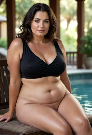 ultra realistic, photorealistic, obese Macedonian woman, 50 years old, tan skin, black hair, plus-size, bbw, chubby, curvy, full-figured silhouette, bottom-heavy body, short stocky build, wide hips, thick thighs, soft rounded abdomen, sagging ample bust, natural sagging contour, round face, light amber eyes, expressive eyes, striking eyes, captivating eyes, mesmerizing eyes, open mouth, happy expression, age-appropriate softness, realistic body texture, detailed skin texture, skin imperfections, wrinkles, tasteful clothing, comfortable outfit, black v-neck sleeveless shirt, draped fabric, fabric impression, subtle contour, faint outline, satin texture, raised detail, clothing silhouette, soft material tension, gentle fabric pressure, realistic fabric behavior, thin stretch fabric hugging contours, seated pose, outside patio, natural daylight, outdoor realism, hot tub, <lora:style_lora_realis:.8>