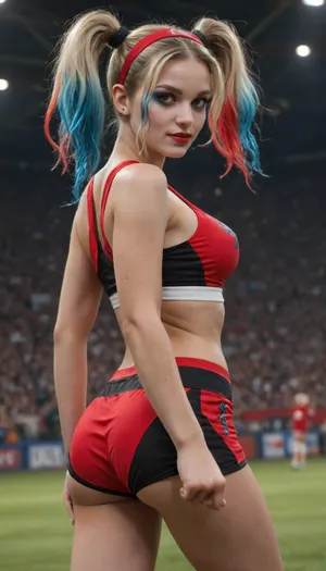 harley quinn, 1girl, solo, realistic, midriff, hairband, Manchester united label on sportswear, navel, shorts, breasts, cleavage, soccer, short shorts, dynamic sexy pose, rear view