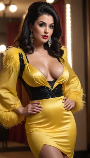 photorealistic portrait of 35yo, curvy, voluptuous, glam, sophisticated, wealthy, Arab lady, jet black long hair, hairstyle retro high beehive, bangs, with hair falling down woman back, wearing a bright yellow, luxurious mini gown with intricate hand-placed feathers, plunging neckline, long flowing sleeves, and sequins or beading, wearing black garters and plain black stockings, wearing ankle boots, woman loves blow bangs, on a simple blurred background, bright stage lighting highlighting the outfit, sharp focus on the outfit details, highly detailed, sharp focus, 8k. full body view, view side on to woman