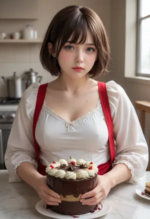 Realistic style, realistic facial features, single 20-year-old woman, straight brown hair, ice-blue eyes, short haircut with fringe, white tight-fitting semi-open blouse, gold embroidery. In a kitchen, chubby figure, plump, overweight, large bust, tight clothing, large table with cakes and pies, glass of milk, table covered in cake crumbs and milk, blouse splattered with chocolate sauce and cream, face splattered with chocolate sauce and cream, mouth splattered with chocolate sauce and cream. Hands splattered with chocolate sauce and cream. She is a piece of cake., <lora:Chubby BBW - XL:.7>