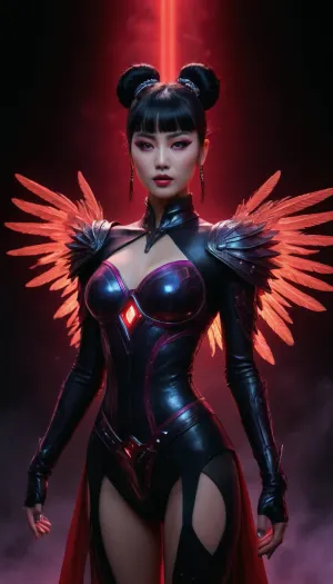 Full view. Korean woman, 45, powerful and divine. Black hair in an intricate chignon bun with soft bangs and long hair down her back. Dramatic neon cyber-fantasy makeup, bold reds and purples, holographic glow, luminous sci-fi accents, plasma-bright eyeliner, prismatic lips, radiant highlighter.

She strikes a dynamic combat stance, armor glowing with runes and sigils, enchanted fabrics flowing with energy. Moonlight-forged winged boots with iridescent feathers and neon-lit runic edging flare as she moves. Mythic eyes shine with starlight, an aura of celestial power ripples around her.

Materials, opal-sheen metal, celestial silver, crystalline edges, starlight-woven cloth, polished luminous surfaces, softly glowing gemstones.

Environment, sweeping celestial battlefield, floating ruins, cosmic particles, drifting stardust, moonlit mist, nebula clouds, starfield depth, energized atmosphere.

Lighting & camera, action-hero angle, dramatic perspective, ultra-sharp focus, cinematic glow, volumetric god-rays, dynamic motion trails, rim-lit silhouette, crisp foreground particles.

Aesthetic, high-fantasy epic scale, cosmic glamour, neon accents, radiant micro-glitter, multidimensional glow mapping, SDXL detail.