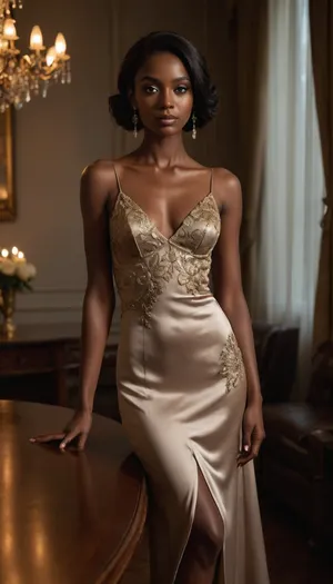 A glamorous dark-skinned woman in an opulent, dimly lit room, leaning elegantly over a polished wooden table while holding a martini glass. She wears elegant, short satin slip dress. The dress is in a soft, muted taupe or light brown color. It features thin, adjustable spaghetti straps that cross slightly at the back. The neckline is a deep V-shape, adding a touch of sophistication.
The most striking detail is the intricate gold floral embroidery that adorns the dress. The embroidery is concentrated on the lower half of the dress, starting just below the waist and extending to the hem. The floral patterns are delicate and ornate, with leaves, vines, and small flowers in gold thread, creating a beautiful contrast against the taupe satin fabric.
The dress has a slightly flared skirt, giving it a playful yet elegant silhouette. The fabric appears smooth and lustrous, reflecting light subtly. The overall design is a blend of modern minimalism and classic elegiance, perfect for a formal event or a stylish evening out. Her long, sleek black hair falls straight down her back. Warm candlelight, crystal chandelier reflections, and heavy draped curtains create a rich, cinematic atmosphere. High fashion editorial style, dramatic shadows, luminous skin, luxurious textures, intimate mood, Vogue-level photography