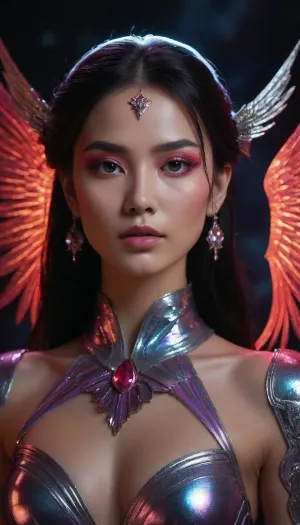 Full body view including boots. High-fantasy mythic aesthetic, celestial grandeur, detailed textures, luminous magical effects, volumetric god-rays, ethereal glow, crystalline highlights, deep shadow contrast, legendary scale, painterly high-fantasy realism. Character, 45-year-old Korean woman with elegant, powerful, divine presence. Black hair in an intricate chignon bun with soft bangs and long hair cascading down her back. Intensified makeup, bold reds and purples with neon highlights, holographic sheen, luminous sci-fi accents around eyes, temples, and cheekbones, glowing eyeliner, radiant inner-eye shimmer, prismatic lips, cosmic highlighter. Regal posture, heroic expression. Ornate rune-engraved armor with glowing sigils, enchanted fabrics, shimmering filigree, radiant hair-edge glints, luminous mythic eyes, emotional magical aura, starlight reflections across skin and armor. Footwear, celestial winged boots—sleek moonlight-forged metal, iridescent feather motifs sweeping from the ankles, glowing runic trims, kinetic wing-shapes emitting soft neon luminescence. Highly detailed craftsmanship, integrated magical glow, seamless with her armor. Materials, moonlight-forged metal, opal sheen, iridescent accents, celestial silver, translucent crystalline edges, starlight-woven cloth, polished luminous surfaces, glowing enchanted gemstones.Environment, sweeping celestial landscape, floating ruins, sacred altars, cosmic particles, drifting stardust, enchanted fog, moonlit silver mist, rolling nebula clouds, layered starfields, rich atmospheric depth. Cinematic camera, full-body hero shot, ultra-sharp focus, high-resolution fantasy photography, dynamic powerful angles, dramatic perspective, soft diffusion bloom, deep bokeh, crisp rim-lighting, detailed foreground particles, immersive spatial clarity. General style enhancers, mythic epic quality, rich color grading, celestial palette, glowing highlights, elegant composition, divine symmetry, majestic presence, high-fantasy atmospheric drama, SDXL detail. Ultra-glam neon cyber-fantasy makeup, high-fashion editorial intensity, futuristic glow aesthetics. Eyes, hyper-saturated neon pigments—electric red, ultraviolet purple, neon magenta, holo-blue, plasma-glow winged eyeliner, prismatic gradient shadow, luminous inner-eye halo, metallic and iridescent lower-lid accents, micro-spark shimmer, reflective chrome mascara. Face, sculpted cheeks with neon blush gradients, holographic highlighter on cheeks and temples, neon contour accents, faint luminescent circuitry patterns, polished starlight-reflective skin. Lips, high-shine lacquered neon red, cosmic purple, or iridescent hologram, subtle glowing edge-light, mirror-gloss finish.
Brows, glossy, shaped, subtly luminous with soft neon reflections. Overall finish, editorial cyber-fantasy sheen, multidimensional glow mapping, radiant micro-glitter dust, chromatic neon reflections, futuristic beauty aesthetic, clean blending, cosmic glamour. sci-fi styling.