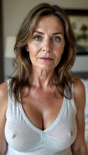 Sagging, ultra realistic, fat older woman wearing a light v-neck sleeveless shirt standing in a modern bedroom, 50yo, milf, brunette, bbw, round face, open mouth, looking at viewer, flirting, blue eyes, (expressive eyes, striking eyes, captivating eyes, mesmerizing eyes), (detailed skin texture, skin imperfections), (age-appropriate skin condition, wrinkles, wrinkled skin, wrinkled face), <lora:style_lora_realis:.8>