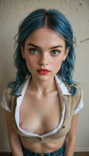 view from above, 18yo beauty, cute, green eyes, red lipstick, freckles, (very petite:1.8), angry, detailed HD pretty innocent beautiful face, pale skin, long pink and blue hair, pigtails, messy plaid School uniform, cleavage, big breasts, freckles on breasts, ((nipslip)), supermodel, face, big, lips, <lora:Beautify-Supermodel-SDXL:.8>, <lora:epicNewPhoto:.8>