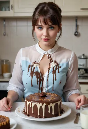 Realistic style, realistic facial features, single 20-year-old woman, straight brown hair, ice-blue eyes, short haircut with fringe, white tight-fitting semi-open blouse, gold embroidery. In a kitchen, chubby figure, plump, overweight, large bust, tight clothing, large table with cakes and pies, glass of milk, table covered in cake crumbs and milk, blouse splattered with chocolate sauce and cream, face splattered with chocolate sauce and cream, mouth splattered with chocolate sauce and cream. Hands splattered with chocolate sauce and cream. She is a piece of cake., <lora:Chubby BBW - XL:1.6>
