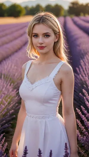 masterpiece, best quality, good quality, very aesthetic, absurdres, newest, 8K, depth of field, bokeh, prinz eugen, (azur lane), twin tails, amber eyes, black eyeliner, peaceful smile, white linen dress, walking through endless purple lavender field, provence sunset, golden hour, warm orange-purple sky, ultra detailed flowers, detailed dress, <lora:add-detail-xl:.8>