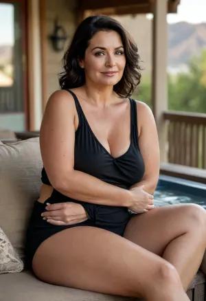 ultra realistic, photorealistic, Macedonian woman, 50 years old, tan skin, black hair, plus-size, bbw, chubby, curvy, full-figured silhouette, bottom-heavy body, short stocky build, wide hips, thick thighs, soft rounded abdomen, sagging ample bust, natural sagging contour, round face, light amber eyes, expressive eyes, striking eyes, captivating eyes, mesmerizing eyes, open mouth, happy expression, age-appropriate softness, realistic body texture, detailed skin texture, skin imperfections, wrinkles, tasteful clothing, comfortable outfit, black v-neck sleeveless shirt, draped fabric, fabric impression, subtle contour, faint outline, satin texture, raised detail, clothing silhouette, soft material tension, gentle fabric pressure, realistic fabric behavior, thin stretch fabric hugging contours, seated pose, outside patio, natural daylight, outdoor realism, hot tub, <lora:style_lora_realis:.8>