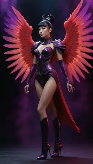 Full body view including shoes. Korean woman, 45, powerful and divine. Black hair in an intricate chignon bun with soft bangs and long hair down her back. Dramatic neon cyber-fantasy makeup, bold reds and purples, holographic glow, luminous sci-fi accents, plasma-bright eyeliner, prismatic lips, radiant highlighter.

She strikes a dynamic combat stance, armor glowing with runes and sigils, enchanted fabrics flowing with energy. Moonlight-forged winged boots with iridescent feathers and neon-lit runic edging flare as she moves. Mythic eyes shine with starlight, an aura of celestial power ripples around her.

Materials, opal-sheen metal, celestial silver, crystalline edges, starlight-woven cloth, polished luminous surfaces, softly glowing gemstones.

Environment, sweeping celestial battlefield, floating ruins, cosmic particles, drifting stardust, moonlit mist, nebula clouds, starfield depth, energized atmosphere.

Lighting & camera, action-hero angle, dramatic perspective, ultra-sharp focus, cinematic glow, volumetric god-rays, dynamic motion trails, rim-lit silhouette, crisp foreground particles.

Aesthetic, high-fantasy epic scale, cosmic glamour, neon accents, radiant micro-glitter, multidimensional glow mapping, SDXL detail.