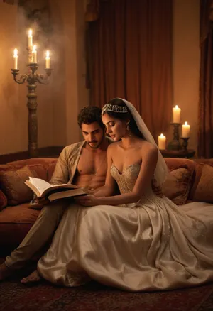 Arabian palace, arabian princess in luxury gown, reading a book to arabian prince sitting on cushion, sensuality, get each other naked, warm lightning, candles, smoke of incense realistic, nightly, sensual atmosphere