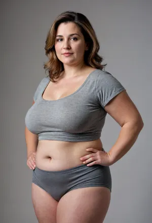 Macedonian, curvaceous, mature woman, dark T-shirt, heather grey shorts, fabric impression, subtle contour, faint outline, texture, clothing silhouette, soft material tension, gentle fabric pressure, natural body shape, realistic fabric behavior, thin stretch fabric hugging contours, soft fullness, natural ptosis, relaxed sagging shape, squishy volume, gentle cleavage, rounded abdomen, draped fabric hinting bust shape, side contour bust profile, mature bust realism, torso curvature, plump, skindentation, chubby, bbw, venus, body, big, breasts, ass, <lora:Chubby BBW - XL:.8>