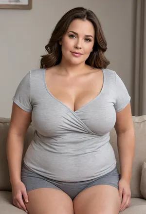 1mom, Full figured, Housewife, 45yo, curvaceous, mature woman, white T-shirt, heather grey shorts, fabric impression, subtle contour, faint outline, texture, clothing silhouette, soft material tension, gentle fabric pressure, natural body shape, realistic fabric behavior, thin stretch fabric hugging contours, soft fullness, natural ptosis, relaxed sagging shape, squishy volume, gentle cleavage, rounded abdomen, draped fabric hinting bust shape, side contour bust profile, mature bust realism, torso curvature, plush lower torso, soft contour, gentle fullness across hips, thick shapely thighs, natural softness, complementary stance, soft hourglass silhouette, hips wider than waist, natural body proportions, full rounded hips, outward curve, balanced figure, naturally curvy figure, cinched waist, balanced proportions, ample bust, gentle drape, age-appropriate physique, photorealistic, plus-size figure, tight stretch fabric, natural body shape impression, tasteful outfit, seated pose, couch, natural realism, puffy lips