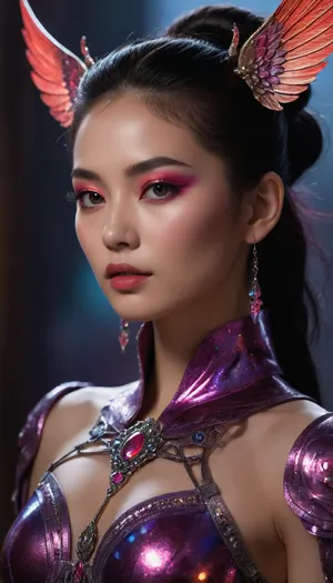 (Full view including boots), . High-fantasy mythic aesthetic, celestial grandeur, detailed textures, luminous magical effects, volumetric god-rays, ethereal glow, crystalline highlights, deep shadow contrast, legendary scale, painterly high-fantasy realism. Character, 45-year-old Korean woman with elegant, powerful, divine presence. Black hair in an intricate chignon bun with soft bangs and long hair cascading down her back. Intensified makeup, bold reds and purples with neon highlights, holographic sheen, luminous sci-fi accents around eyes, temples, and cheekbones, glowing eyeliner, radiant inner-eye shimmer, prismatic lips, cosmic highlighter. Regal posture, heroic expression. Ornate rune-engraved armor with glowing sigils, enchanted fabrics, shimmering filigree, radiant hair-edge glints, luminous mythic eyes, emotional magical aura, starlight reflections across skin and armor. Footwear, celestial winged boots—sleek moonlight-forged metal, iridescent feather motifs sweeping from the ankles, glowing runic trims, kinetic wing-shapes emitting soft neon luminescence. Highly detailed craftsmanship, integrated magical glow, seamless with her armor. Materials, moonlight-forged metal, opal sheen, iridescent accents, celestial silver, translucent crystalline edges, starlight-woven cloth, polished luminous surfaces, glowing enchanted gemstones.Environment, sweeping celestial landscape, floating ruins, sacred altars, cosmic particles, drifting stardust, enchanted fog, moonlit silver mist, rolling nebula clouds, layered starfields, rich atmospheric depth. Cinematic camera, full-body hero shot, ultra-sharp focus, high-resolution fantasy photography, dynamic powerful angles, dramatic perspective, soft diffusion bloom, deep bokeh, crisp rim-lighting, detailed foreground particles, immersive spatial clarity. General style enhancers, mythic epic quality, rich color grading, celestial palette, glowing highlights, elegant composition, divine symmetry, majestic presence, high-fantasy atmospheric drama, SDXL detail. Ultra-glam neon cyber-fantasy makeup, high-fashion editorial intensity, futuristic glow aesthetics. Eyes, hyper-saturated neon pigments—electric red, ultraviolet purple, neon magenta, holo-blue, plasma-glow winged eyeliner, prismatic gradient shadow, luminous inner-eye halo, metallic and iridescent lower-lid accents, micro-spark shimmer, reflective chrome mascara. Face, sculpted cheeks with neon blush gradients, holographic highlighter on cheeks and temples, neon contour accents, faint luminescent circuitry patterns, polished starlight-reflective skin. Lips, high-shine lacquered neon red, cosmic purple, or iridescent hologram, subtle glowing edge-light, mirror-gloss finish.
Brows, glossy, shaped, subtly luminous with soft neon reflections. Overall finish, editorial cyber-fantasy sheen, multidimensional glow mapping, radiant micro-glitter dust, chromatic neon reflections, futuristic beauty aesthetic, clean blending, cosmic glamour. sci-fi styling.