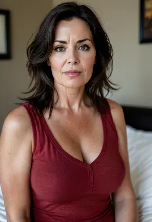 Sagging, ultra realistic, chubby milf wearing a v-neck sleeveless shirt standing in a modern bedroom, 50yo, milf, dark hair, bbw, round face, open mouth, looking at viewer, flirting, light eyes, (expressive eyes, striking eyes, captivating eyes, mesmerizing eyes), (detailed skin texture, skin imperfections), (age-appropriate skin condition, wrinkles, wrinkled skin, wrinkled face:.5), <lora:style_lora_realis:.8>