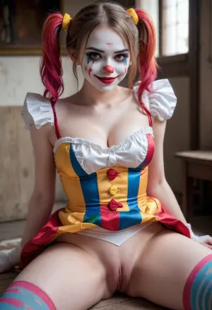 young beautiful girl 18 years old clown girl with big breasts, wearing a pulled-up dress without any underwear, laying on her back with spread legs, no panties, long striped socks, clown makeup, skinny, white face paint, detailed vagina, looking at the viewer, back long high twin multi-colored ponytails, excited, aroused, tack sharp, 4k, dslr