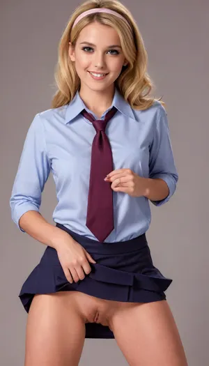 ((This 18-year-old school female has the beauty that is unique to Caucasian women. She is young, healthy, and has a high sense of beauty. Her skin is in excellent condition and she is at the peak of her charm as a very cute girl. She comes from a very famous and prestigious family and is the student council president of a prestigious school. She is a beautiful woman who gives the impression of being elegant, sophisticated, calm, and intelligent, but in fact she secretly enjoys intense masturbation:2)), ((Her long, straight, golden blonde hair that gives off a sophisticated shine is half-up, and she has a headband at the back of her head, making her extremely cute:2)), ((Her beautiful double eyelids and bright, clear irises are beautiful. Her long, round, narrow eyes are droopy, and she is perfectly balanced in every way. She is very attractive:2)), ((Her beautiful lips and a very cute and gentle smile, characterized by dimples and upturned corners of the mouth:2)), ((Her moderately long, beautiful neck makes her appearance look elegant:2)), (((Her pubic hair is growing healthily and is completely unkempt, thick and bushy, covering most of her crotch, and the contrast with her neat and ladylike appearance is very erotic:2))), ((She is wearing the uniform of the finest brand, made from the traditional finest materials of a prestigious school, and is pure and elegant, but In the promotional photos for her album, she is very service-minded, posing erotically without underwear and rolling up her pleated mini skirt so that her cute pussy can be easily admired:2)), ((Her dress shirt has a modest and thin ribbon tie on the collar:2)), ((She is a star player on the women's volleyball team who has won awards in various beauty contests. She is tall but not too skinny, has a feminine, voluptuous figure but not too fat, and has a beautiful, well-proportioned figure. She also keeps her face well-washed. She boasts a refined beauty:2)), ((The perfect position of both hands lifting up the pleated mini skirt of a school female, and the ideal normal shape of the five fingers:2)), ((Using the latest ultra-high performance, ultra-high sensitivity, all-environment adaptive 3D realistic hand scanner, every single bit that forms the image is optimally corrected before being constructed, the contours are three-dimensional, the fine points and lines are depicted sharply and clearly, and the telephoto lens creates the best focused perspective, featuring smooth surface texture and soft expression, wonderfully expressing the lively warmth of a youthful school female, and has a brilliant whitening effect. This is the best promotional image with super clear, rich colors and excellent contrast correction effects using the latest equipment and technology:2)), playboy, magazine, cover, 1960s, 1970s, 1980s, 1990s, 2000s, skirtlift, 80spornomag, <lora:playboy_cover_SDXL_v1:.3>, <lora:skirtlift_xl:.5>, <lora:80spmagxl_v1-000002:.8>